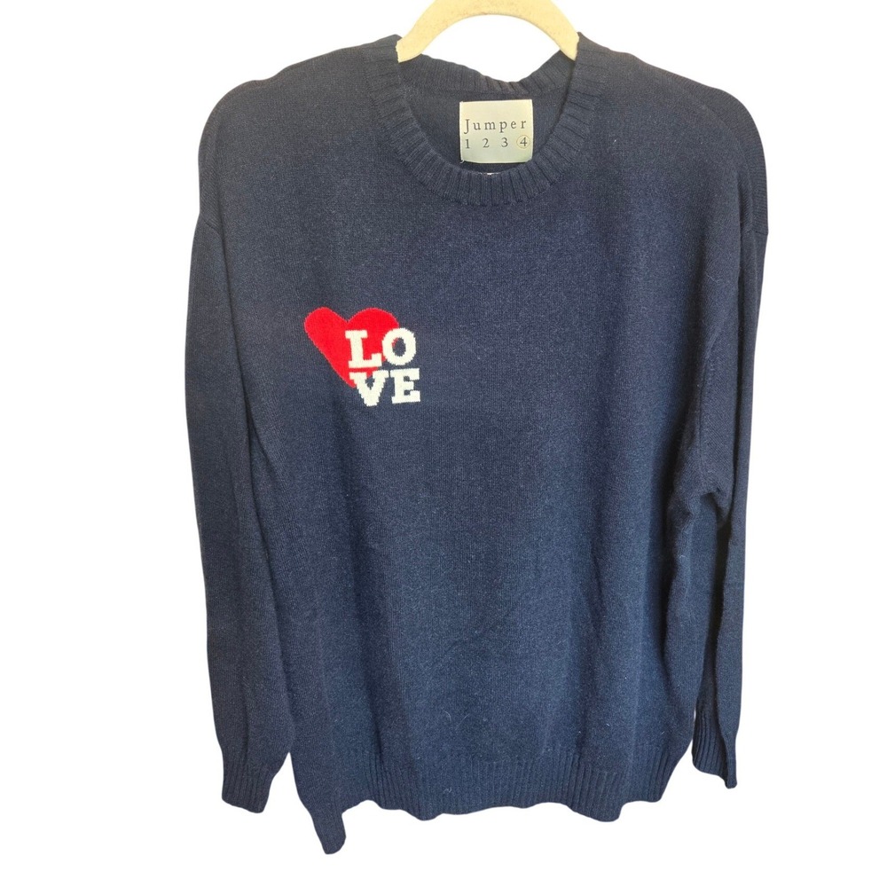 Jumper 1234 Navy Blue Cashmere Sweater Love Heart Crew Neck Preppy Large Size 4